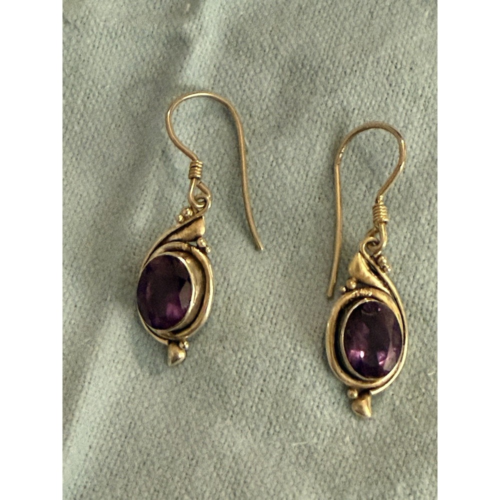 Amethyst Drop Earrings Sterling Silver Bali Filigree Victorian Style Purple 925